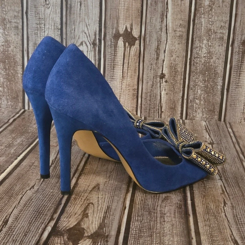 Sz 8 M Betsey Johnson Glisin Blue Suede Studded Bow Peep Toe Heels Pumps Shoes